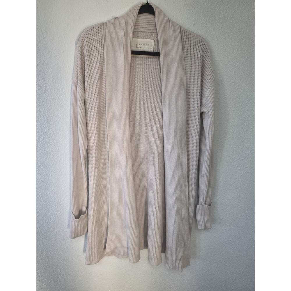 LOFT Lounge Cardigan Women M Beige Collared Long Sleeve Ribbed Sweater Top